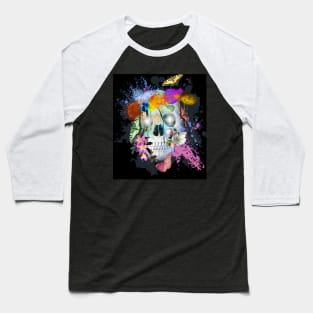 Skull Flowers And Butterfly, Rainbow Butterflies Baseball T-Shirt